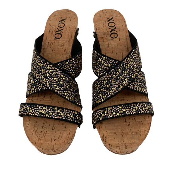 XOXO Benji Studs Cross Strap Metallic Cork Wedge Slide-on Sandals - Picture 2 of 11